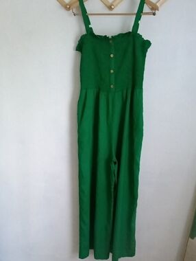 Green Smocked Strap Jumpsuit